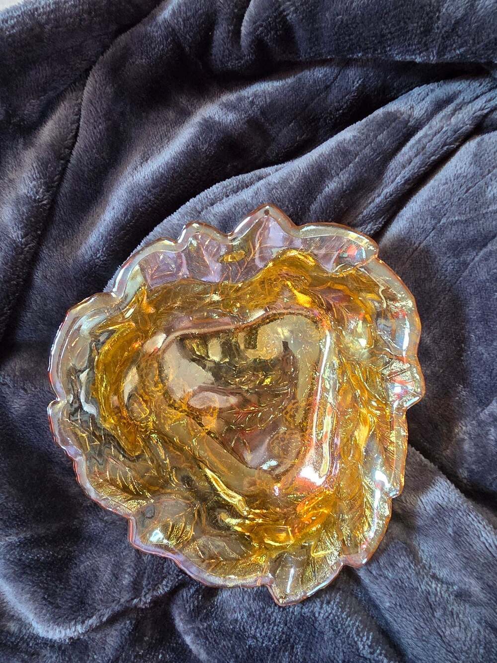 Vintage Indiana Glass Amber Iridescent Carnival Glass  Grape Vine Leaf Bowl